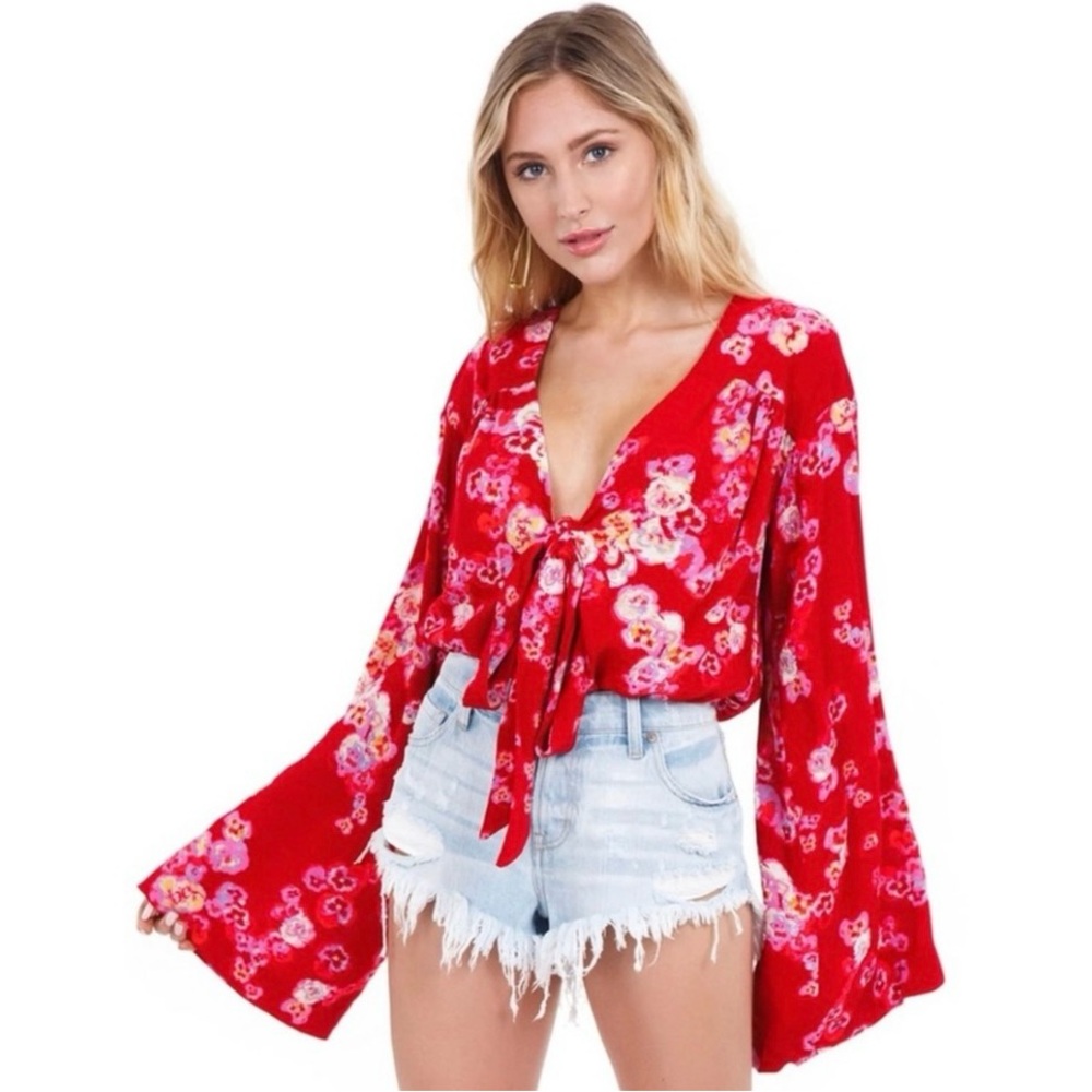 Beautiful Free People Red Long Sleeve Body Suite